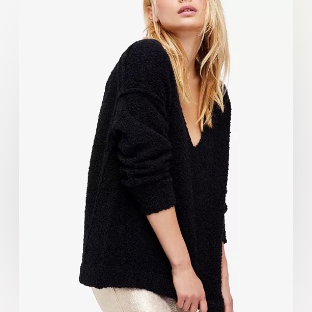 Fuzzy Free People Lofty Black V-Neck Sweater